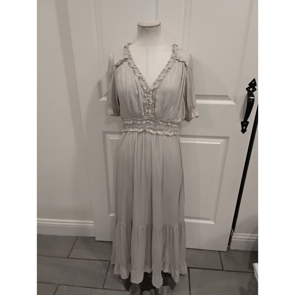 BY THE RIVER Maxi Dress Ruffle V Neck Smocked Waist Tiered Hem Beige L